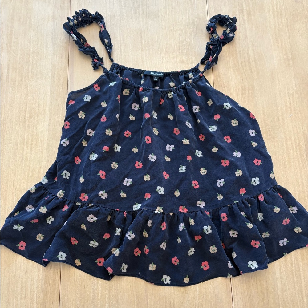 Madewell Dark Blue Floral Ruffle Blouse